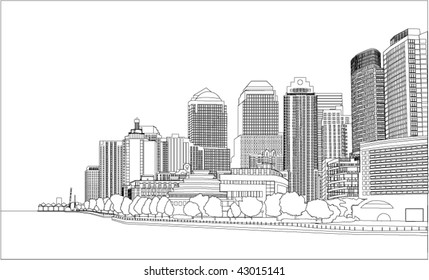 The graphic vector image of a part of a city on an ocean coast