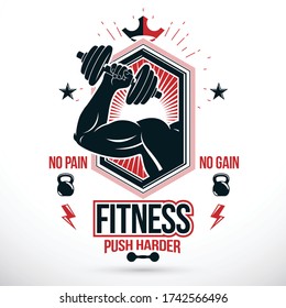 Graphic vector insignia created with strong sportsman biceps arm holding disc weight dumb bell and with kettle bell sport equipment. Fitness and heavyweight gym sport club symbol template