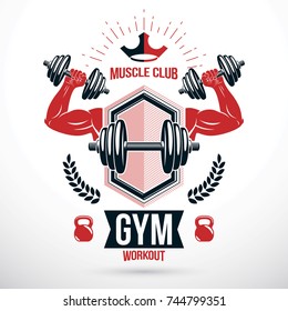 Graphic Vector Insignia Created With Strong Sportsman Biceps Arm Holding Disc Weight Dumb Bell And With Kettle Bell Sport Equipment. Gym And Fitness Symbol Template