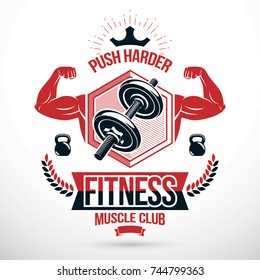 Graphic vector insignia created with strong sportsman biceps arm, disc weight dumb bell and kettle bell sport equipment. Gym weightlifting and fitness sport club emblem