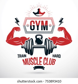 Graphic vector insignia created with strong sportsman biceps arm, disc weight dumb bell and with kettle bell sport equipment. Bodybuilding weightlifting gym symbol sport template