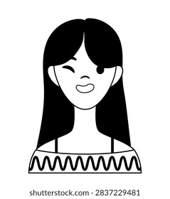 Graphic vector line portrait illustration of a playful winking young woman with long dark hair, isolated profile icon.