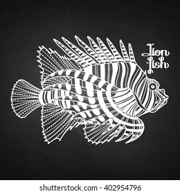 Graphic vector lion fish isolated on chalkboard. Sea and ocean creature in black and white colors