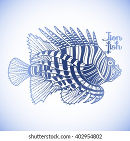 Graphic vector lion fish isolated on white background. Sea and ocean creature in blue colors. Coloring book page design
