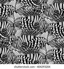 Graphic vector lion fish seamless pattern. Sea and ocean creatures in black and white colors. Coloring book page design for adults and kids