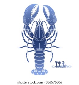 Graphic vector lobster drawn in line art style. Sea and ocean creature in blue colors. Top view. Seafood element. Coloring book page design