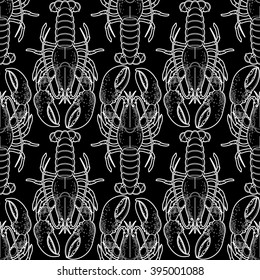 Graphic vector lobster seamless pattern drawn in line art style. Sea and ocean creature isolated on white background. Top view. Seafood element