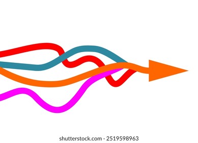 Vetor gráfico de múltiplas cordas coloridas convergindo em setas isoladas no fundo branco, Seta na mesma direção para subir para o sucesso