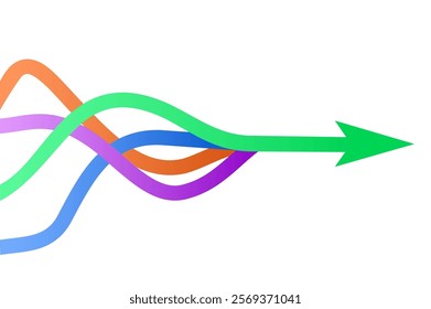 Graphic vector of multiple colored ropes converging into arrows isolated on white background, Arrow in same direction for rising to success