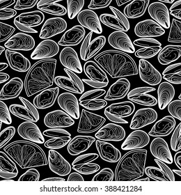 Graphic vector mussels drawn in line art style. Sea and ocean seamless pattern. Ingredients for seafood  menu