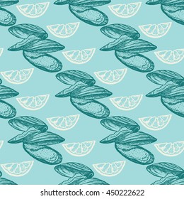 Graphic vector mussels drawn seamless pattern
