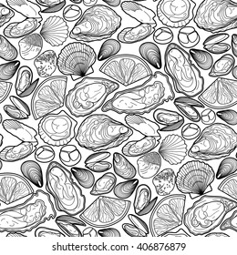 Graphic vector mussels, oysters and scallops drawn in line art style. Sea and ocean seamless pattern. Ingredients for seafood  menu. Coloring book page design for adults and kids