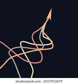 Graphic vector of orange with red with pink and yellow color ropes converging into arrows isolated on dark background, Arrow in same direction for rising to success