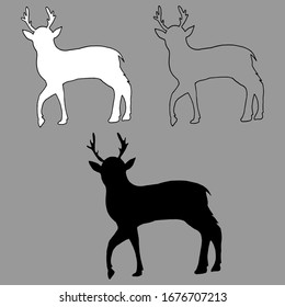 Graphic vector outline, white and black silhouette of a young deer isolated on gray background, freehand drawn illustration. Perfect for invitations, cards, prints, flyers, posters.