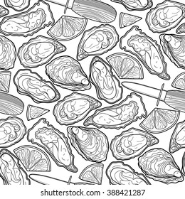 Graphic vector oysters drawn in line art style. Sea and ocean seamless pattern. Ingredients for seafood  menu. Coloring book page design for adults and kids