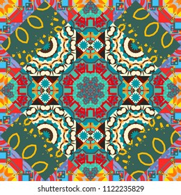 Graphic vector pattern. Abstract ornament. Wallpaper in the geometrical style. Blue, green and brown texture. A seamless background.