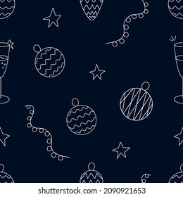 Graphic vector pattern with christmas tree decoration and sparkling wine for printing on fabric, paper for scrap booking, gift wrapping and wallpaper. Cute seamless pattern on the theme of New Year