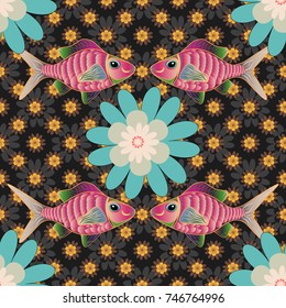 Graphic vector pattern. Floral ornament. Brown, blue and gray texture. A seamless vector background. Wallpaper in the floral style.