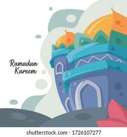 graphic vector of ramadhan kareem greeting design with mosque background, prefect for gift card, banner and etc