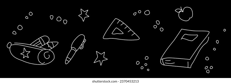 Graphic vector of school subjects on a black background. Illustration of school subjects. Pencil case, ruler, apple, diary on a black background. EPS 10