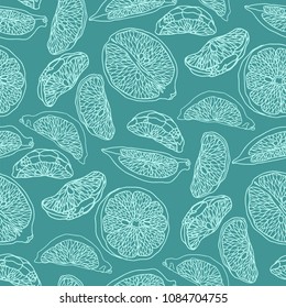 Graphic vector seamless pattern with citrus slices in light blue colors