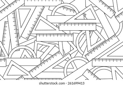 Graphic vector seamless pattern with school kit accessories: triangles, angle protractors and rulers. Endless texture