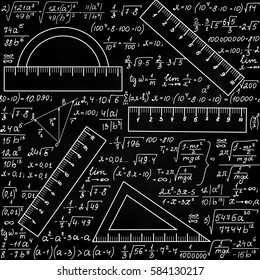 Graphic vector seamless pattern with school kit accessories: triangles, angle protractors, rulers and handwritten formulas among them