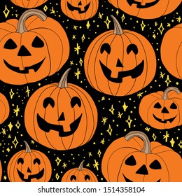 Graphic vector seamless repeat pattern with happy smiling jack-o-lantern pumpkins and ditsy yellow stars on a black background