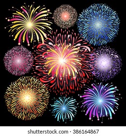 graphic vector set of colorful fireworks on the black background