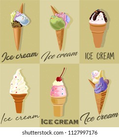  graphic vector set of ice creams with  waffle, different colors and forms of ice. great for menu design, poster and other prints.