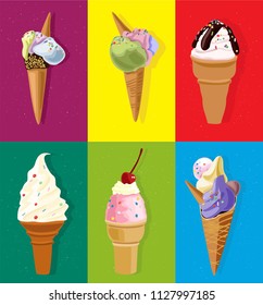  graphic vector set of ice creams with  waffle, different colors and forms of ice. great for menu design, poster and other prints.