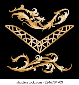 Graphic vector set of natural golden ornamental patterns in the baroque style, design elements for the design of postcards, wallpapers, textiles