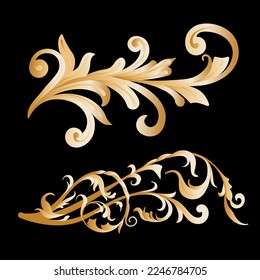 Graphic vector set of natural golden ornamental patterns in the baroque style, design elements for the design of postcards, wallpapers, textiles
