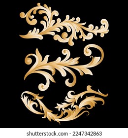 Graphic vector set of natural golden ornamental patterns in the baroque style, design elements for the design of postcards, wallpapers, textiles