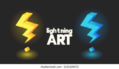Graphic vector set of two color options. Yellow and blue thunderbolts icons on a black background. Modern 3D Image of lightning
