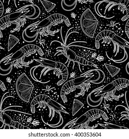 Graphic vector shrimps with lemon slices drawn in line art style. Sea and ocean creatures isolated on white background. Seafood seamless pattern. Coloring book page design