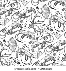 Graphic vector shrimps with lemon slices drawn in line art style. Sea and ocean creatures isolated on white background. Seafood seamless pattern. Coloring book page design