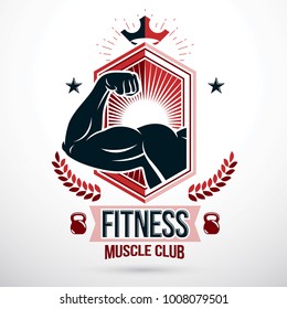 Graphic vector sign created with strong athlete biceps arm, royal crown and kettle bell sport equipment. Bodybuilding weightlifting gym emblem, sport club