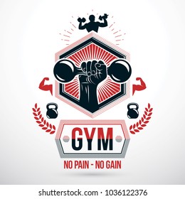 Graphic vector sign created with strong athlete biceps arm, dumb-bell and kettle bell sport equipment. Bodybuilding weightlifting gym symbol sport template
