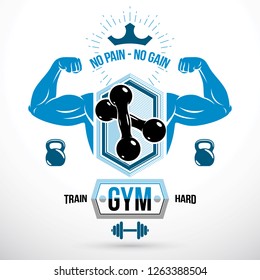 Graphic vector sign created with strong athlete biceps arm, dumb-bell and kettle bell sport equipment. Sport emblem for weightlifting gym and fitness club