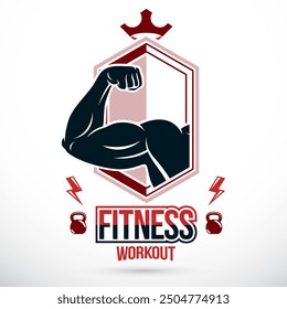 Graphic vector sign created with strong athlete biceps arm, royal crown and kettle bell sport equipment. Bodybuilding and fitness sport emblem template