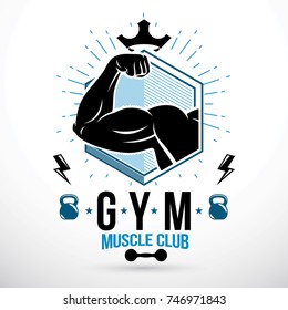 Graphic vector sign created with strong athlete biceps arm, royal crown and kettle bell sport equipment. Gym weightlifting and fitness sport club emblem