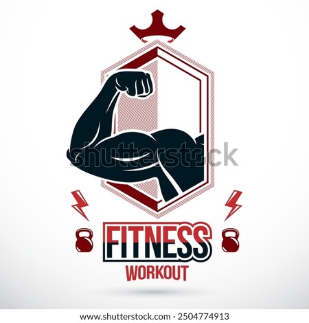 Graphic vector sign created with strong athlete biceps arm, royal crown and kettle bell sport equipment. Bodybuilding and fitness sport emblem template
