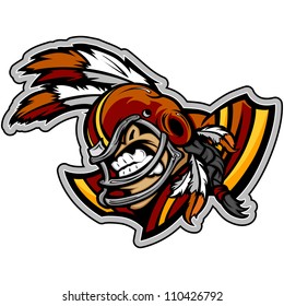 Graphic Vector Sports Illustration of a Snarling American Football Indian Brave Mascot with Feathers on Football Helmet