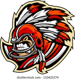 Graphic Vector Sports lllustration of a  Snarling American Football Indian Chief Mascot with Feathered Headdress on Football Helmet