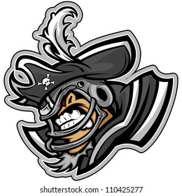 Graphic Vector Sports lllustration of a Snarling American Football Raider Pirate Mascot with Hat on Football Helmet