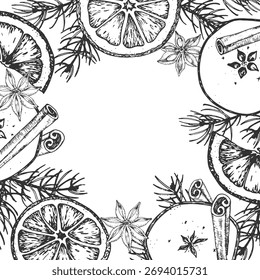 A graphic vector square frame with fir tree branches, apple, oranges, cinnamon, star anise. A black and white spice template for label and packaging design for Christmas sweets and mulled wine.