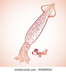 Graphic vector squid drawn in line art style. Sea and ocean creature in red colors. Coloring book page design