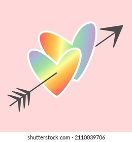 Pegatina gráfica vectorial, etiqueta o icono sobre el tema LGBT usando corazones arcoiris y flecha sobre fondo rosado para ilustrar el concepto de amor lgbt. Ilustración vectorial del concepto del orgullo de la comunidad gay