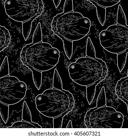 Graphic vector sunfish seamless pattern. Sea and ocean creature in black and white colors